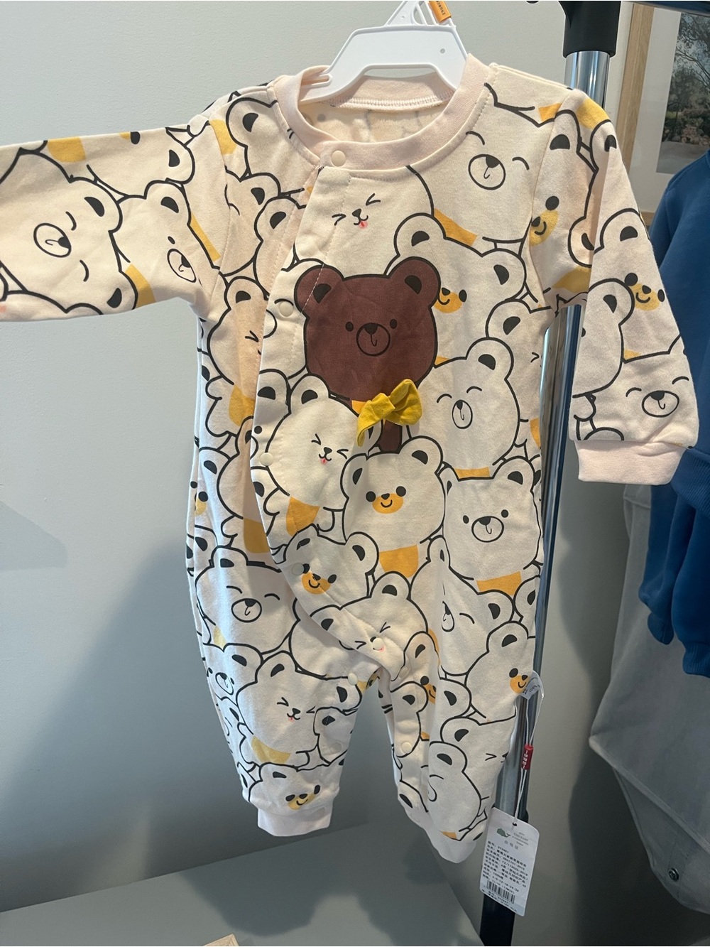 Cream Bear-Print Baby One-Piece with Yellow Bow